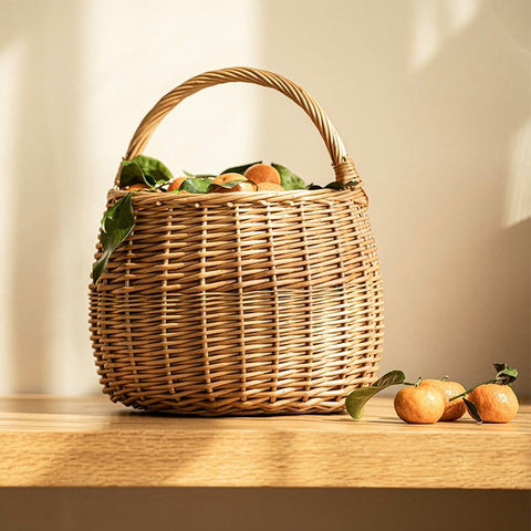 Storage Basket for Kitchen, Picnic Storage Basket with Handle, Hand-woven Wicker Storage Basket, Natural Fruit Basket, Willow Weaving Baskets for Vegetable-HomePaintingDecor