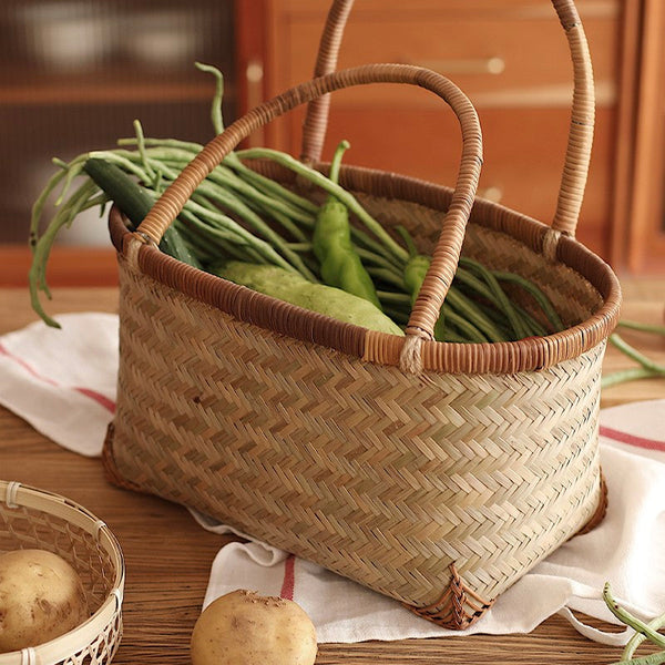 Storage Basket with Handle, Large Kitchen Storage Baskets, Natural Hand-woven Bamboo Storage Basket, Lovely Bamboo Weaving Baskets for Vegetable, Picnic Fruit Storage Baskets-HomePaintingDecor