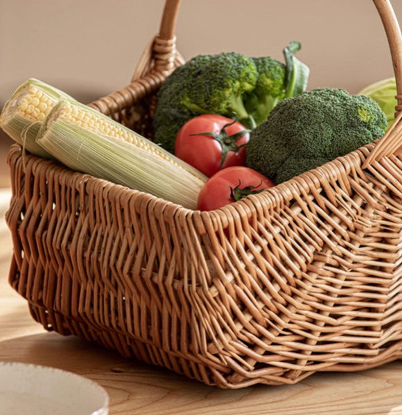 Large Picnic Food Basket with Handle, Natural Hand-woven Wicker Storage Basket, Lovely Willow Weaving Baskets for Vegetable, Natural Fruit Basket, Kitchen Storage Baskets-HomePaintingDecor