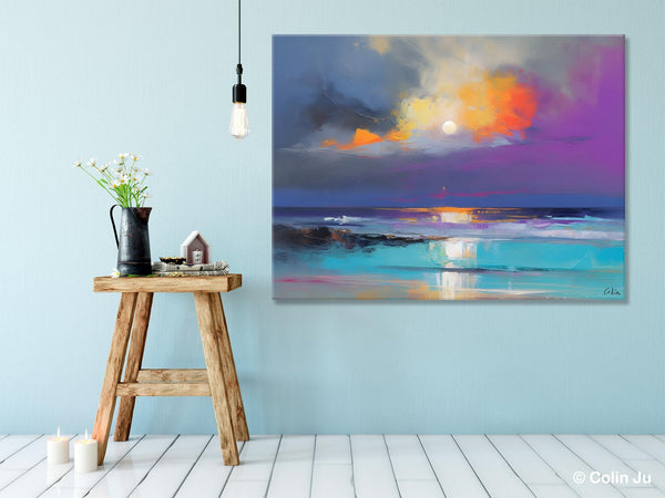 Landscape Painting on Canvas, Hand Painted Canvas Art, Moon Rising from Sea, Contemporary Wall Art Paintings, Extra Large Original Art-HomePaintingDecor