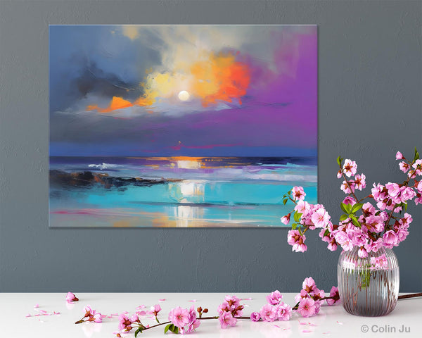 Landscape Painting on Canvas, Hand Painted Canvas Art, Moon Rising from Sea, Contemporary Wall Art Paintings, Extra Large Original Art-HomePaintingDecor