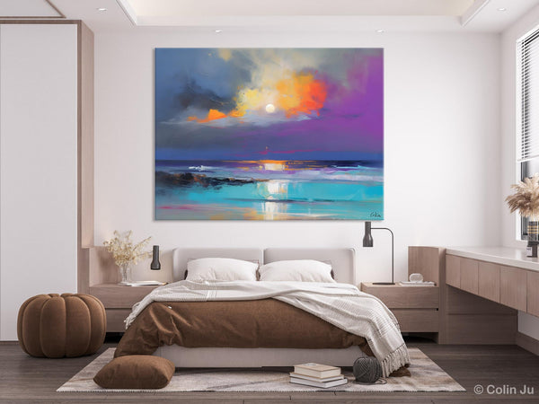 Landscape Painting on Canvas, Hand Painted Canvas Art, Moon Rising from Sea, Contemporary Wall Art Paintings, Extra Large Original Art-HomePaintingDecor