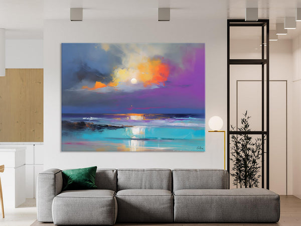 Landscape Painting on Canvas, Hand Painted Canvas Art, Moon Rising from Sea, Contemporary Wall Art Paintings, Extra Large Original Art-HomePaintingDecor
