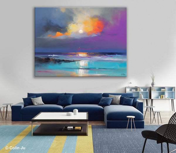 Landscape Painting on Canvas, Hand Painted Canvas Art, Moon Rising from Sea, Contemporary Wall Art Paintings, Extra Large Original Art-HomePaintingDecor