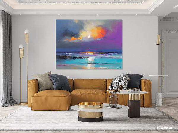 Landscape Painting on Canvas, Hand Painted Canvas Art, Moon Rising from Sea, Contemporary Wall Art Paintings, Extra Large Original Art-HomePaintingDecor