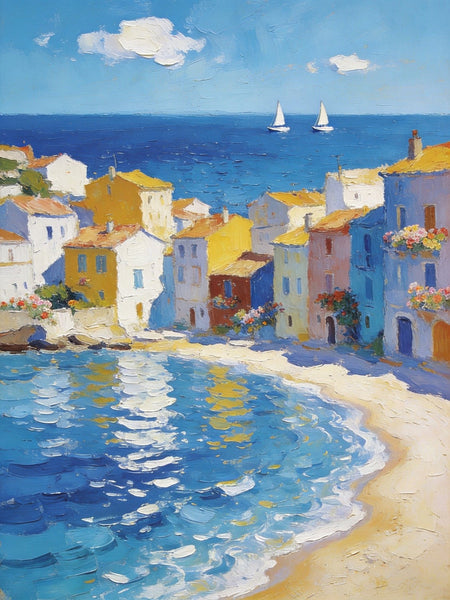 Landscape Paintings for Bedroom, Seaside Hamlet Picturesque View, Hand Painted Canvas Art, Small Oil Paintings, Palette Knife Artwork, Original Canvas Paintings-HomePaintingDecor