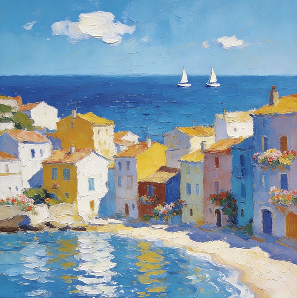Landscape Paintings for Bedroom, Seaside Hamlet Picturesque View, Hand Painted Canvas Art, Small Oil Paintings, Palette Knife Artwork, Original Canvas Paintings-HomePaintingDecor