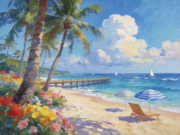 Canvas Paintings for Living Room, Beach with Palm Perfection, Hand Painted Canvas Art, Small Oil Paintings, Small Wall Art Paintings, Original Landscape Paintings-HomePaintingDecor