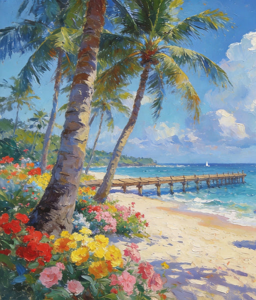 Canvas Paintings for Living Room, Beach with Palm Perfection, Hand Painted Canvas Art, Small Oil Paintings, Small Wall Art Paintings, Original Landscape Paintings-HomePaintingDecor
