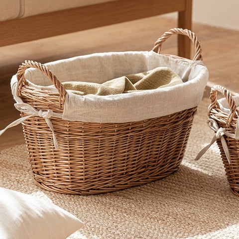 Large Kitchen Round Storage Baskets, Large Food Storage Basket with Handle, Natural Hand-woven Wicker Storage Basket for Clothes, Willow Weaving Baskets for Toys