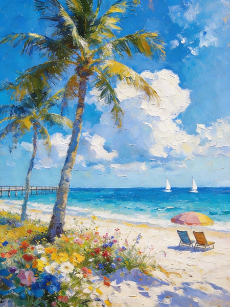 Hand Painted Canvas Wall Art, Tropical Beach Tranquility, Palm Trees Seashore Paintings, Original Oil Paintings, Small Canvas Paintings, Heavy Texture Artwork, Small Canvas Paintings-HomePaintingDecor