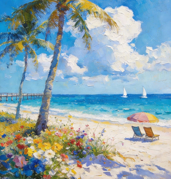 Hand Painted Canvas Wall Art, Tropical Beach Tranquility, Palm Trees Seashore Paintings, Original Oil Paintings, Small Canvas Paintings, Heavy Texture Artwork, Small Canvas Paintings-HomePaintingDecor