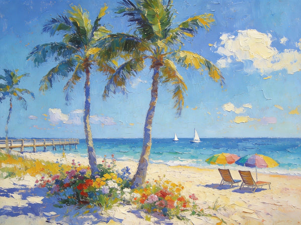 Summer Resort, Seaside Tranquility, Seashore Palm Tree Painting, Landscape Canvas Paintings, Hand Painted Canvas Art, Small Oil Paintings, Small Wall Art Paintings, Original Canvas Paintings-HomePaintingDecor