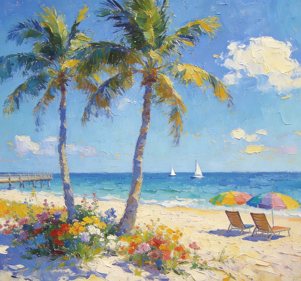 Summer Resort, Seaside Tranquility, Seashore Palm Tree Painting, Landscape Canvas Paintings, Hand Painted Canvas Art, Small Oil Paintings, Small Wall Art Paintings, Original Canvas Paintings-HomePaintingDecor