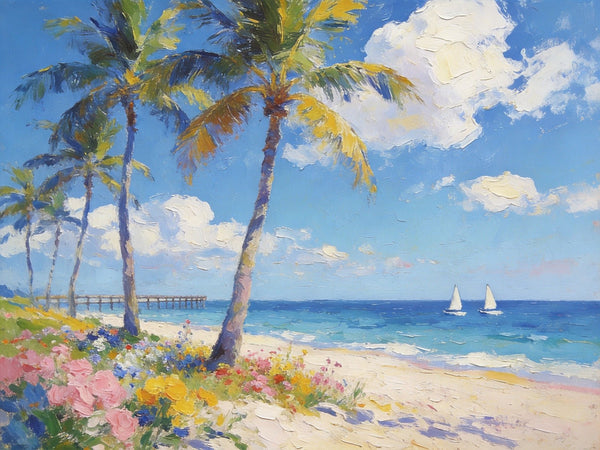 Landscape Paintings on Canvas, Beach Paradise with Palm Trees, Seashore Beach Paintings, Buy Paintings Online, Palette Knife Oil Paintings, Hand Painted Canvas Art, Original Oil Paintings-HomePaintingDecor
