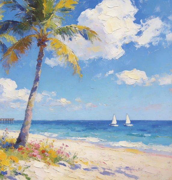 Landscape Paintings on Canvas, Beach Paradise with Palm Trees, Seashore Beach Paintings, Buy Paintings Online, Palette Knife Oil Paintings, Hand Painted Canvas Art, Original Oil Paintings-HomePaintingDecor