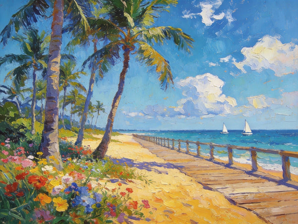Small Wall Art Paintings, Beachside Beauty, Seashore Palm Tree Paintings, Small Oil Paintings, Hand Painted Canvas Art, Canvas Paintings for Living Room, Original Landscape Paintings-HomePaintingDecor