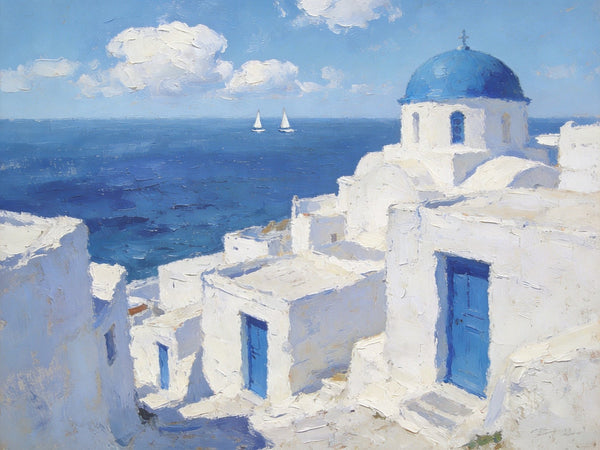 Palette Knife Oil Paintings, Aegean's Azure Allure, Seashore Beach Paintings, Landscape Canvas Paintings, Small Landscape Paintings on Canvas, Hand Painted Canvas Art, Original Oil Paintings-HomePaintingDecor