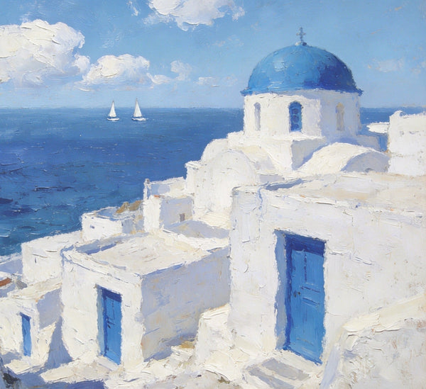 Palette Knife Oil Paintings, Aegean's Azure Allure, Seashore Beach Paintings, Landscape Canvas Paintings, Small Landscape Paintings on Canvas, Hand Painted Canvas Art, Original Oil Paintings-HomePaintingDecor