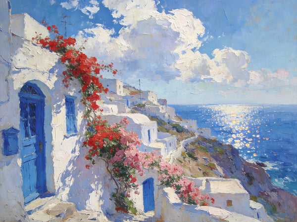 Small Original Oil Paintings, Coastal Charm of the Aegean, Hand Painted Canvas Art, Landscape Wall Art Paintings, Landscape Paintings for Living Room-HomePaintingDecor