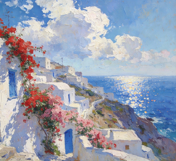 Small Original Oil Paintings, Coastal Charm of the Aegean, Hand Painted Canvas Art, Landscape Wall Art Paintings, Landscape Paintings for Living Room-HomePaintingDecor