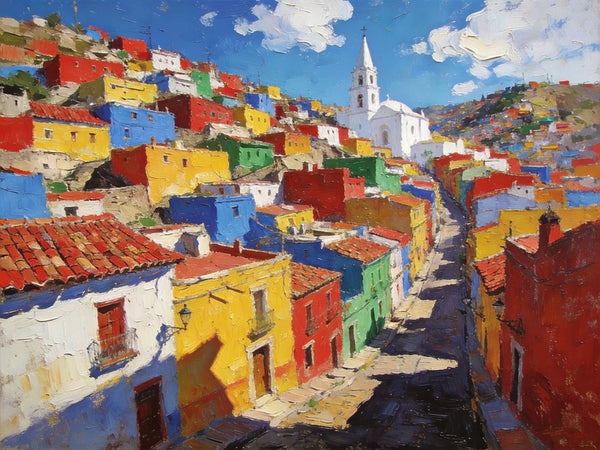 Canvas Wall Art Paintings, Guanajuato's Chromatic Charm, Hand Painted Canvas Art, Small Oil Paintings, Landscape Canvas Paintings, Original Canvas Paintings-HomePaintingDecor