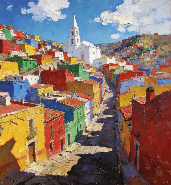 Canvas Wall Art Paintings, Guanajuato's Chromatic Charm, Hand Painted Canvas Art, Small Oil Paintings, Landscape Canvas Paintings, Original Canvas Paintings-HomePaintingDecor