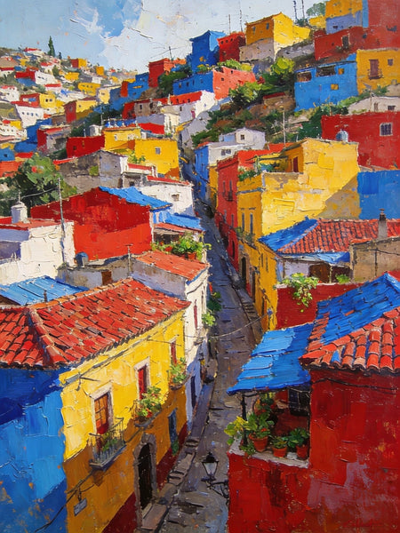 Original Wall Art Paintings, Guanajuato's Vibrant Hilltop Village, Hand Painted Canvas Wall Art, Heavy Texture Artwork, Small Oil Paintings-HomePaintingDecor
