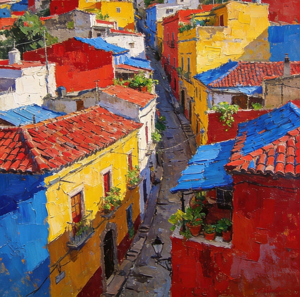 Original Wall Art Paintings, Guanajuato's Vibrant Hilltop Village, Hand Painted Canvas Wall Art, Heavy Texture Artwork, Small Oil Paintings-HomePaintingDecor