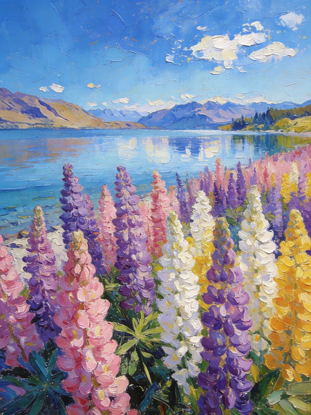 Small Oil Paintings, Scenic Lake Pukaki with Flowers, Heavy Texture Artwork, Hand Painted Canvas Art, Original Landscape Paintings, Canvas Paintings for Bedroom-HomePaintingDecor