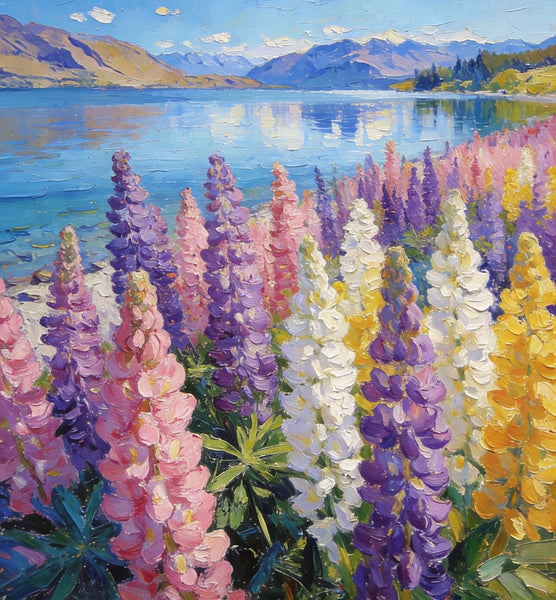 Small Oil Paintings, Scenic Lake Pukaki with Flowers, Heavy Texture Artwork, Hand Painted Canvas Art, Original Landscape Paintings, Canvas Paintings for Bedroom-HomePaintingDecor