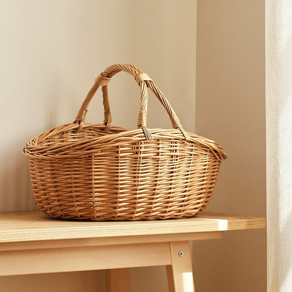 Large Kitchen Storage Baskets, Picnic Storage Basket with Handle, Hand-woven Wicker Storage Basket, Willow Weaving Baskets for Vegetable, Natural Fruit Basket-HomePaintingDecor