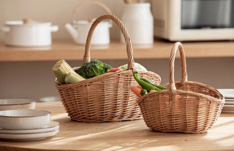 Natural Hand-woven Wicker Storage Basket, Large Picnic Food Basket with Handle, Lovely Willow Weaving Baskets for Vegetable, Natural Fruit Basket, Kitchen Storage Baskets-HomePaintingDecor