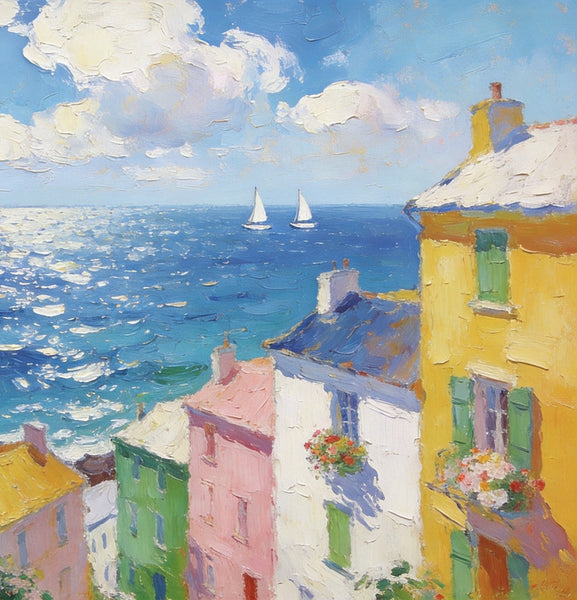 Landscape Paintings for Living Room, Seaside Town Enchanting Landscape, Hand Painted Canvas Art, Small Canvas Paintings, Landscape Wall Art Paintings, Original Oil Paintings-HomePaintingDecor