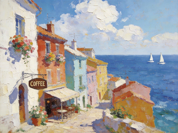 Original Landscape Paintings, Beach Town Serenity, Small Oil Paintings, Buy Painting Online, Hand Painted Canvas Art, Heavy Texture Artwork-HomePaintingDecor