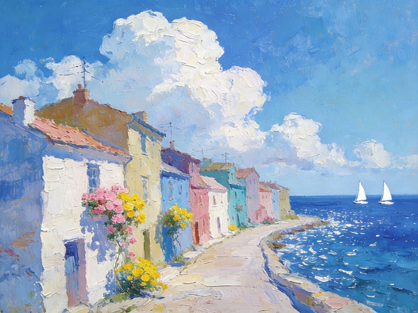 Small Landscape Paintings on Canvas, Coastal Town Dreamy Vista, Seashore Beach Paintings, Landscape Canvas Paintings, Palette Knife Oil Paintings, Hand Painted Canvas Art, Original Oil Paintings-HomePaintingDecor