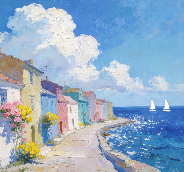 Small Landscape Paintings on Canvas, Coastal Town Dreamy Vista, Seashore Beach Paintings, Landscape Canvas Paintings, Palette Knife Oil Paintings, Hand Painted Canvas Art, Original Oil Paintings-HomePaintingDecor