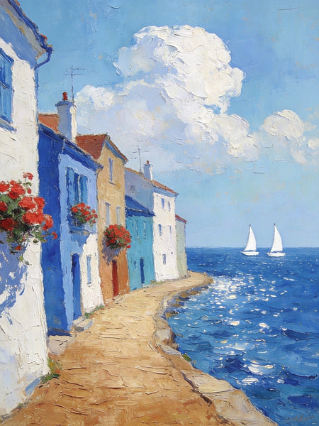 Palette Knife Artwork, Seaside Town Peaceful Ambiance, Hand Painted Canvas Art, Small Oil Paintings, Original Canvas Paintings, Landscape Paintings for Bedroom-HomePaintingDecor