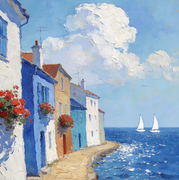 Palette Knife Artwork, Seaside Town Peaceful Ambiance, Hand Painted Canvas Art, Small Oil Paintings, Original Canvas Paintings, Landscape Paintings for Bedroom-HomePaintingDecor