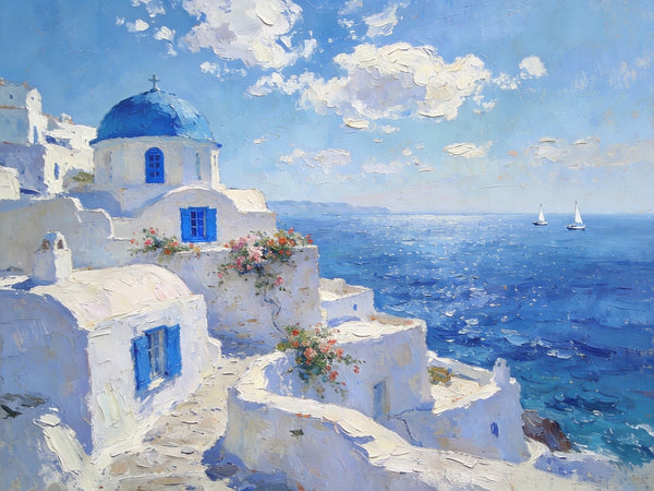 The Blue Domed Church by the Sea, Hand Painted Canvas Art, Small Oil Paintings, Heavy Texture Artwork, Landscape Canvas Paintings, Original Canvas Paintings-HomePaintingDecor
