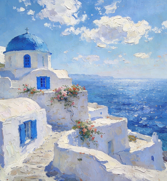 The Blue Domed Church by the Sea, Hand Painted Canvas Art, Small Oil Paintings, Heavy Texture Artwork, Landscape Canvas Paintings, Original Canvas Paintings-HomePaintingDecor