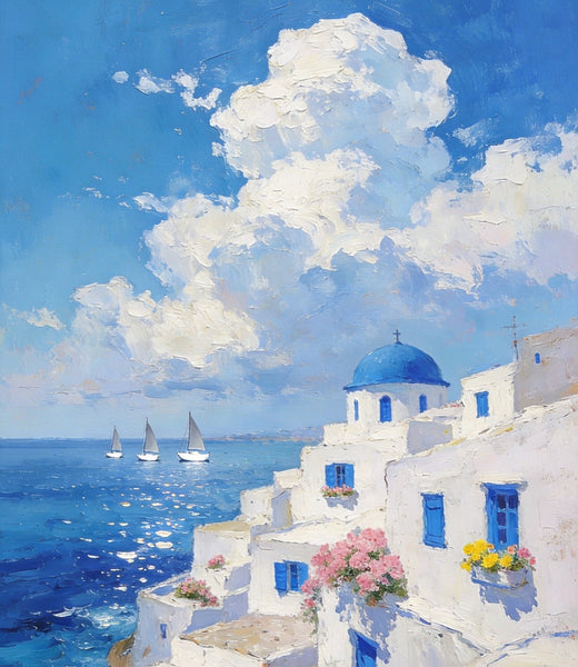 Greek Dream by the Aegean, Seashore Paintings, Canvas Paintings for Bedroom, Original Landscape Paintings, Heavy Texture Artwork, Small Oil Paintings, Hand Painted Canvas Art-HomePaintingDecor