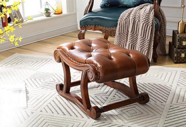 Cherry Wood Footstool, Vintage Leather Stool, Genuine Leather Solid Wood Entry Bench, Long Bench, Vanity Stool, Dressing Table Stool-HomePaintingDecor