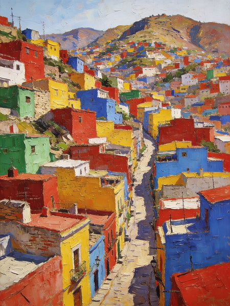 Original Landscape Art, Guanajuato's Hued Houses and Winding Paths, Small Oil Paintings, Hand Painted Canvas Art, Heavy Texture Wall Art Paintings, Landscape Paintings for Bedroom-HomePaintingDecor