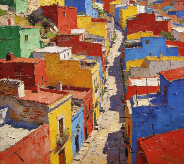 Original Landscape Art, Guanajuato's Hued Houses and Winding Paths, Small Oil Paintings, Hand Painted Canvas Art, Heavy Texture Wall Art Paintings, Landscape Paintings for Bedroom-HomePaintingDecor