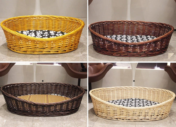 Natural Wicker Dog Bed with Washable Cushion for Indoor Cats and Dogs, Hand woven Rattan Cat Beds-HomePaintingDecor