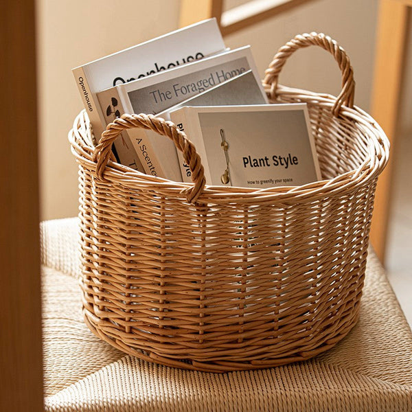 Small Picnic Fruit Basket with Handle, Kitchen Storage Baskets, Natural Hand-woven Wicker Round Storage Basket, Small Willow Weaving Baskets for Vegetable, Natural Fruit Storage Basket-HomePaintingDecor
