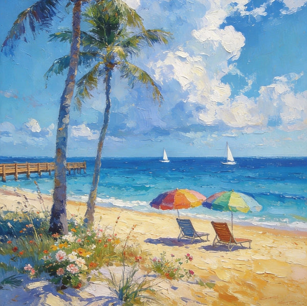 Heavy Texture Artwork, Coastal Peach and Quiet, Palm Trees Seashore Paintings, Hand Painted Canvas Wall Art, Original Oil Paintings, Small Canvas Paintings, Small Canvas Paintings-HomePaintingDecor