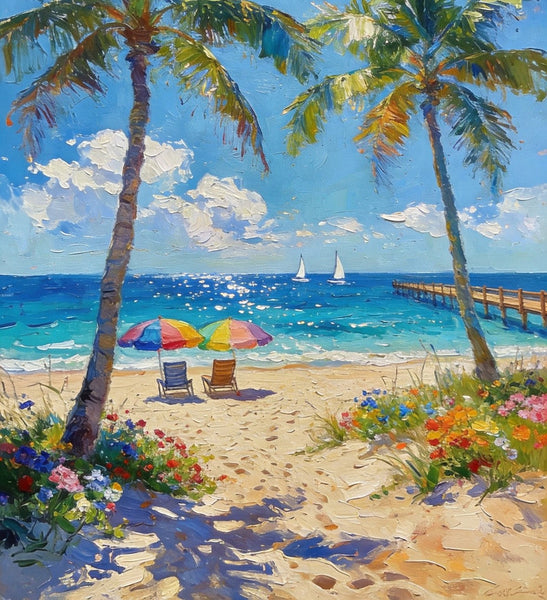 Original Landscape Paintings, Tropical Coastal Charm, Palm Tree Seashore Paintings, Canvas Paintings for Bedroom, Heavy Texture Artwork, Small Oil Paintings, Hand Painted Canvas Art-HomePaintingDecor