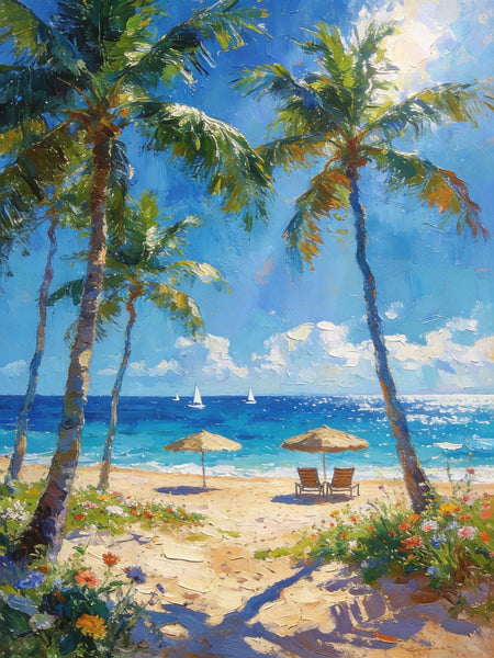 Canvas Paintings for Dining Room, Beachside Haven, Palm Tree Seashore Paintings, Original Landscape Paintings, Heavy Texture Artwork, Small Oil Paintings, Hand Painted Canvas Art-HomePaintingDecor